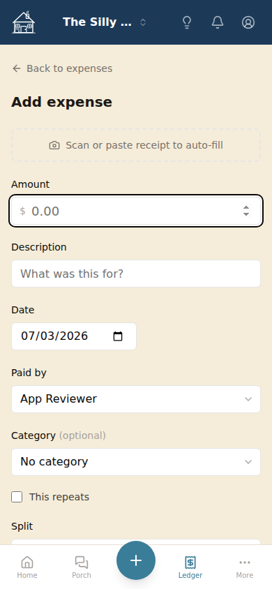 The add expense form showing amount, payer, and description fields
