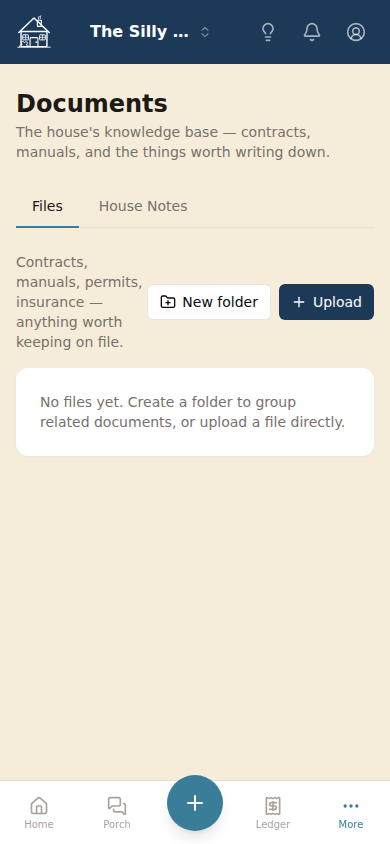 The documents screen showing uploaded files and notes