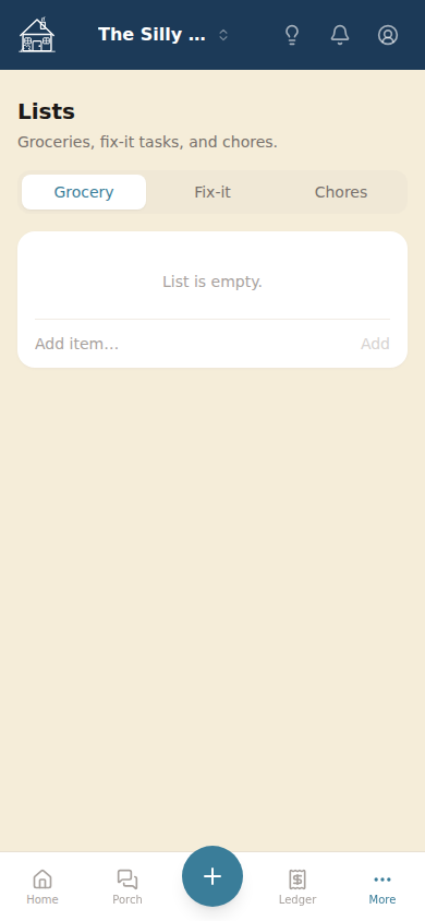 The lists screen showing grocery, fix-it, and chores tabs