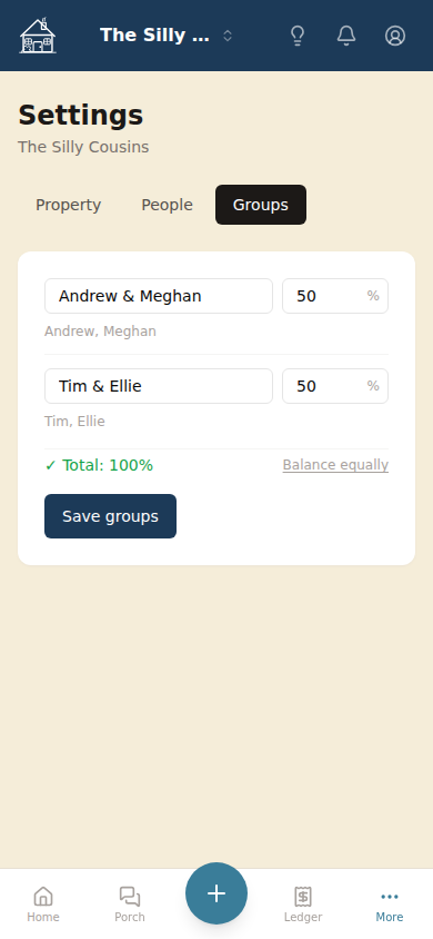 The Groups settings tab showing ownership percentage inputs per ownership group