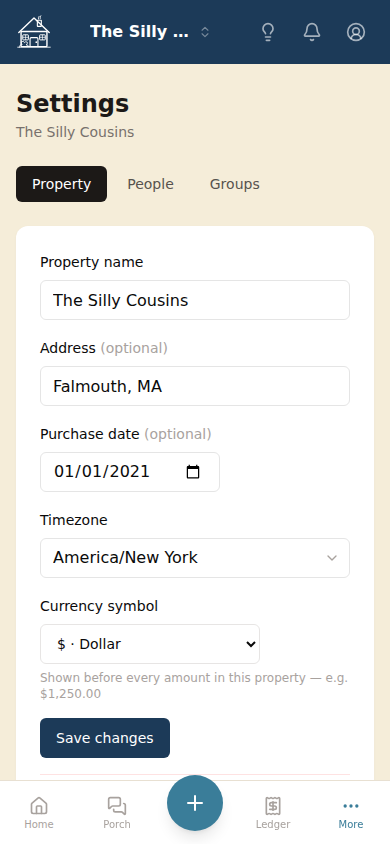 The property settings screen, showing fields for name, address, purchase date, and timezone